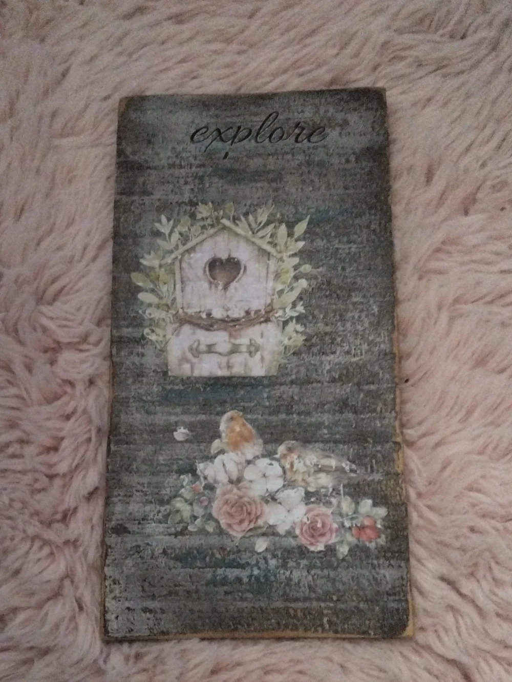 Explore Birdhouse Wall Plaque - Rustic Gray and Pink Home Wall Decor